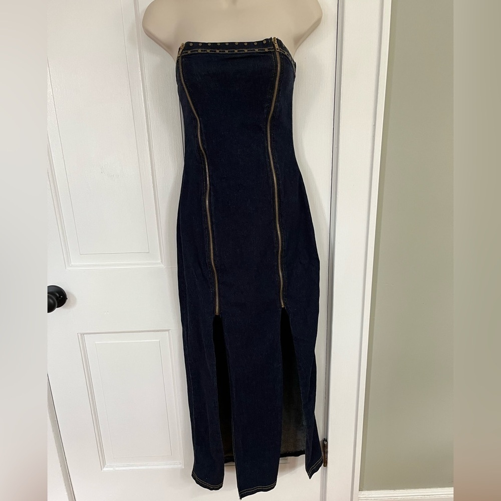 Y2K 90’s Fetish Jeans Strapless Studded Denim Maxi Dress Fitted Sexy Slits M